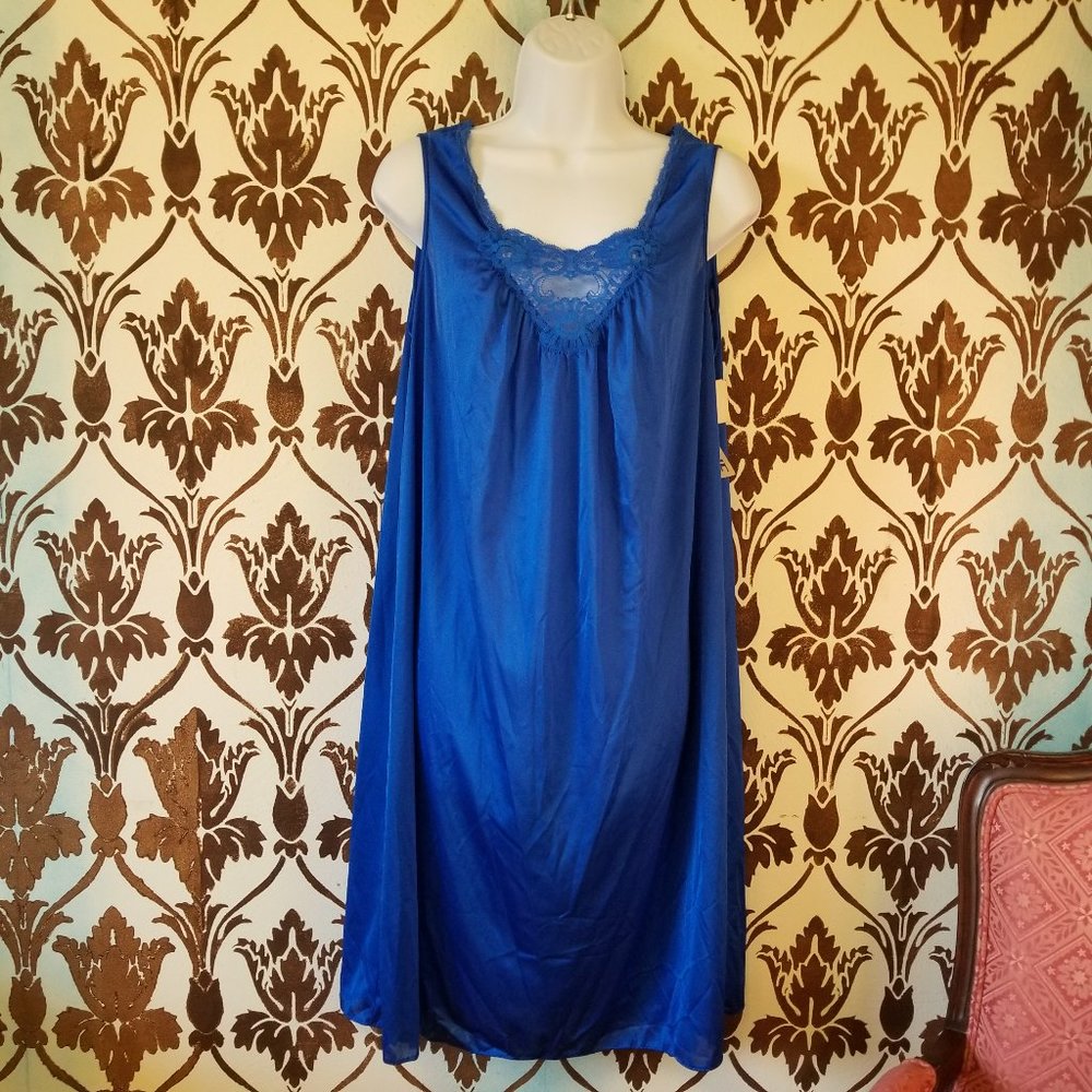 NWT Vtg. USA LORRAINE Blue-Silky Nylon Antron III Lace Nightgown/Nighty Womens M